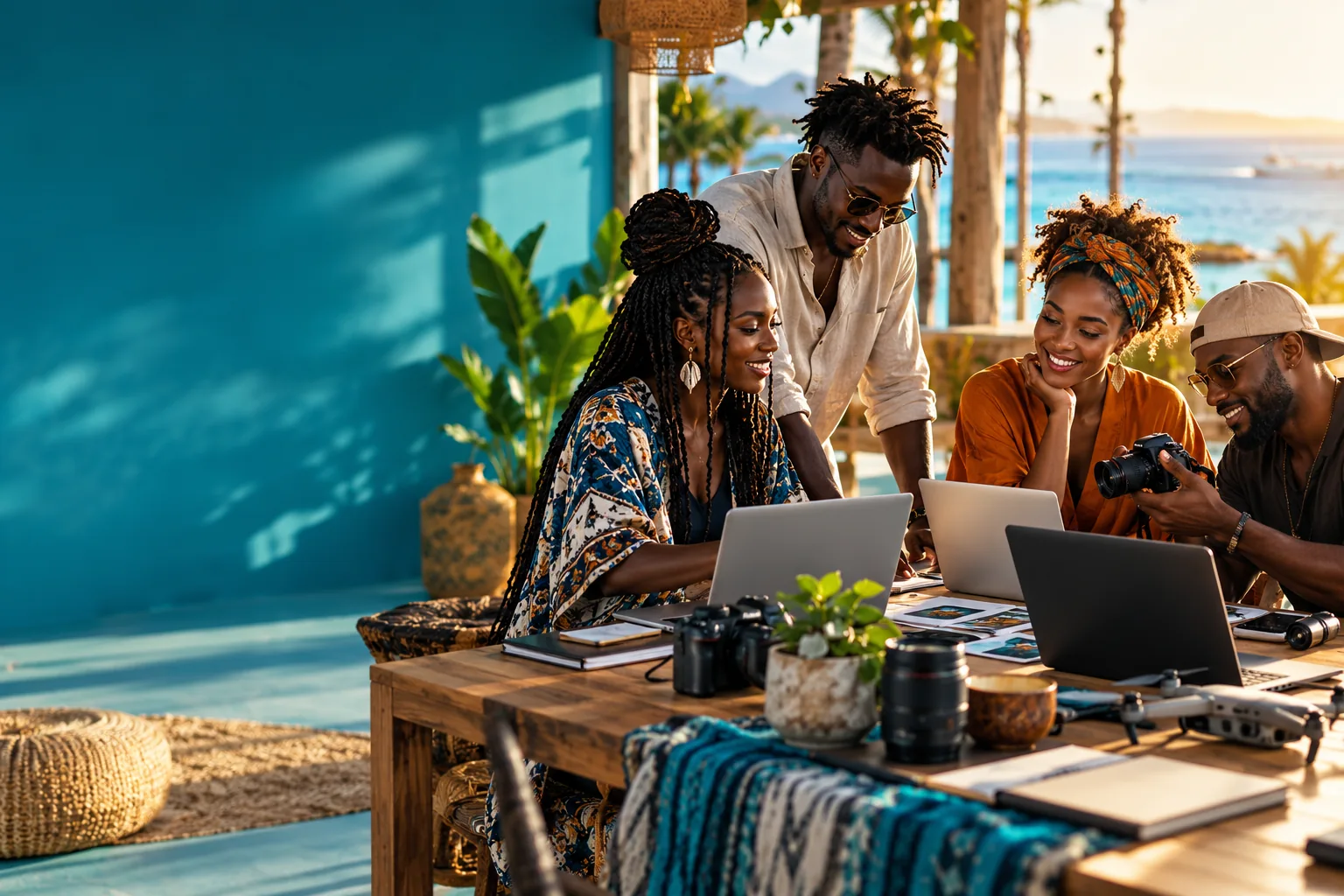 Illustrative scene of Kenyan creatives collaborating around laptops and cameras